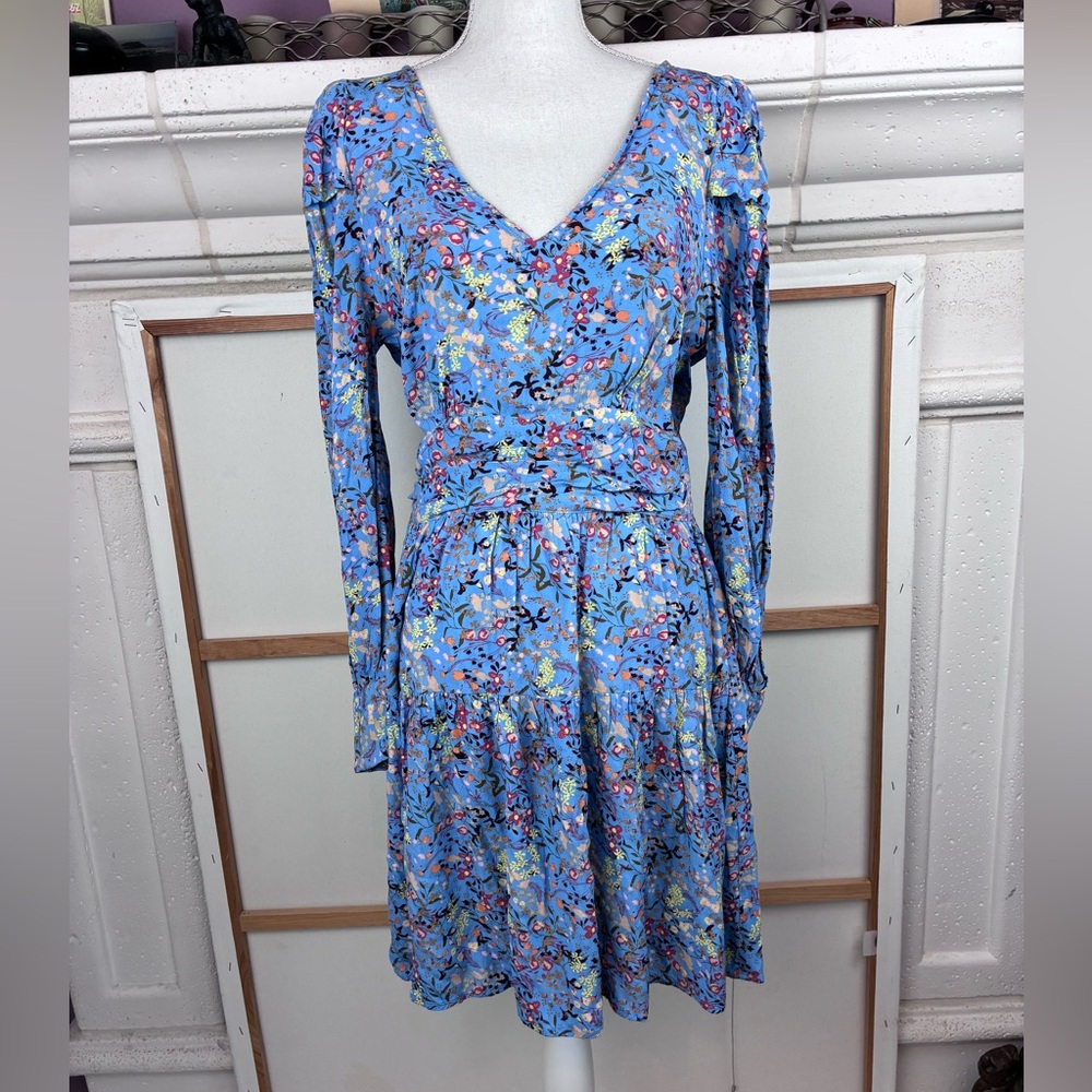 Y.A.S. Floral Blue , Cottagecore V-Neck Dress fitted ruched waist